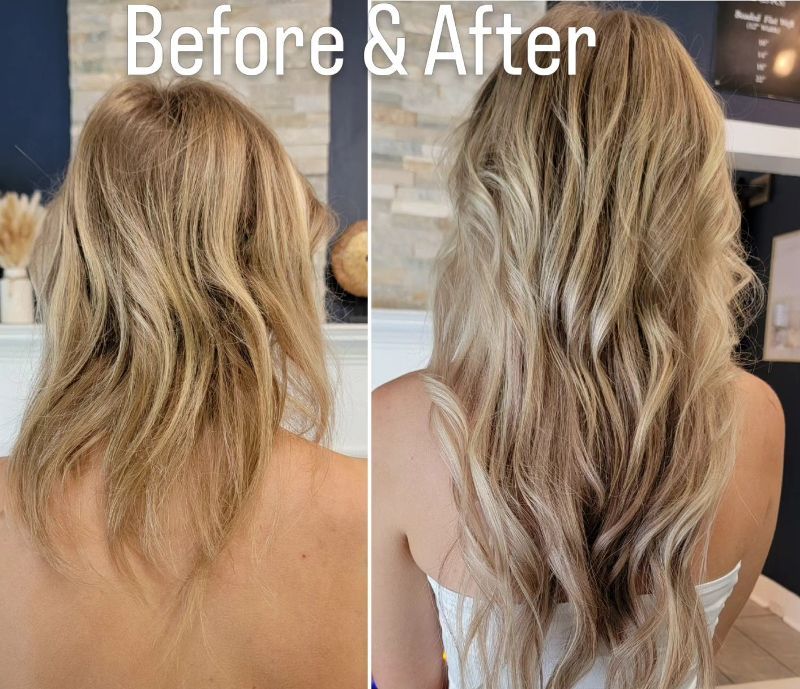 A before and after photo of a woman 's hair