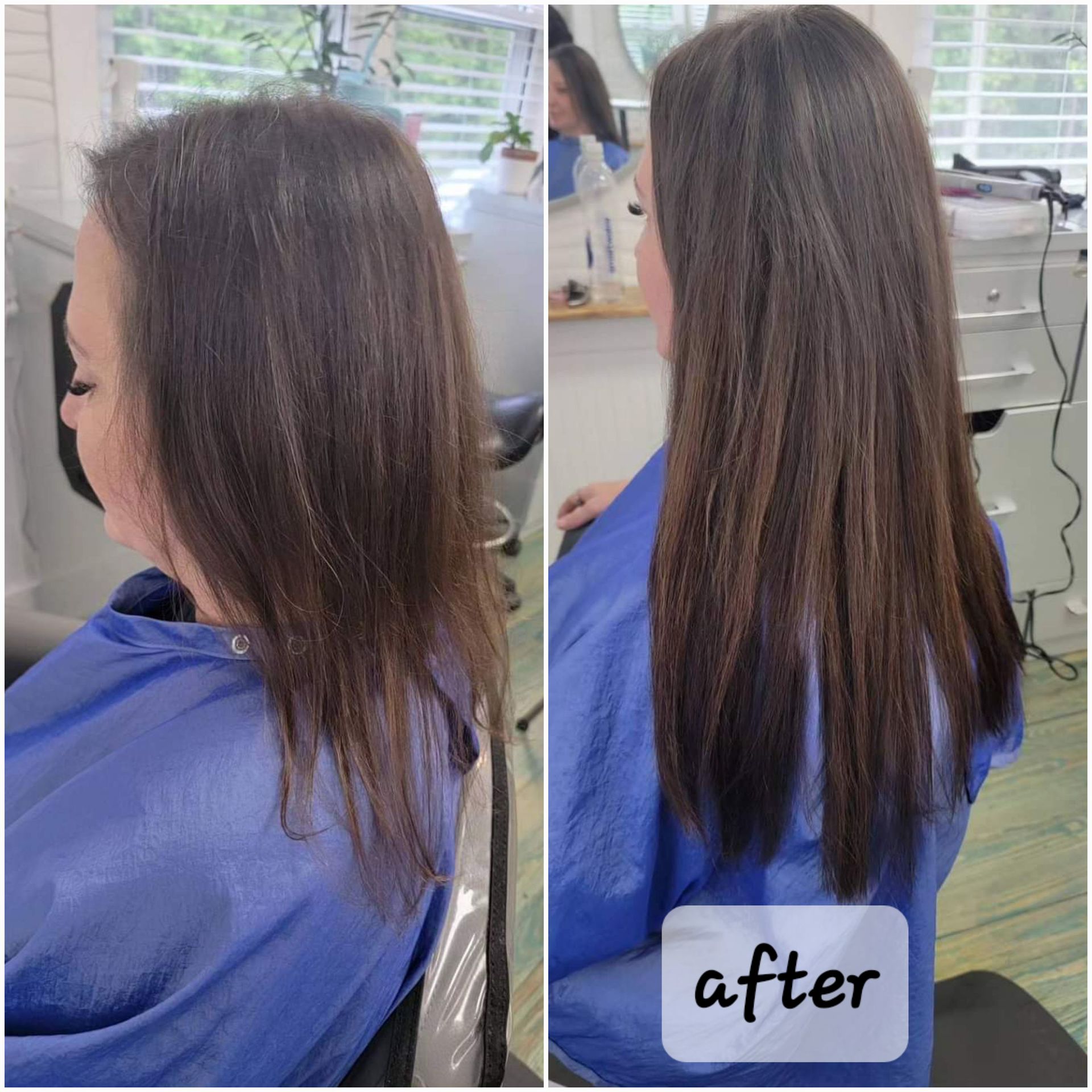 A before and after photo of a woman 's hair extensions.