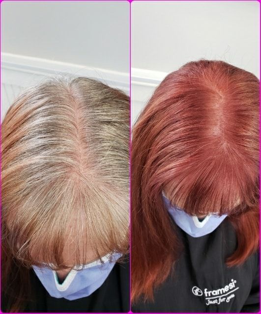 A before and after photo of a woman 's hair