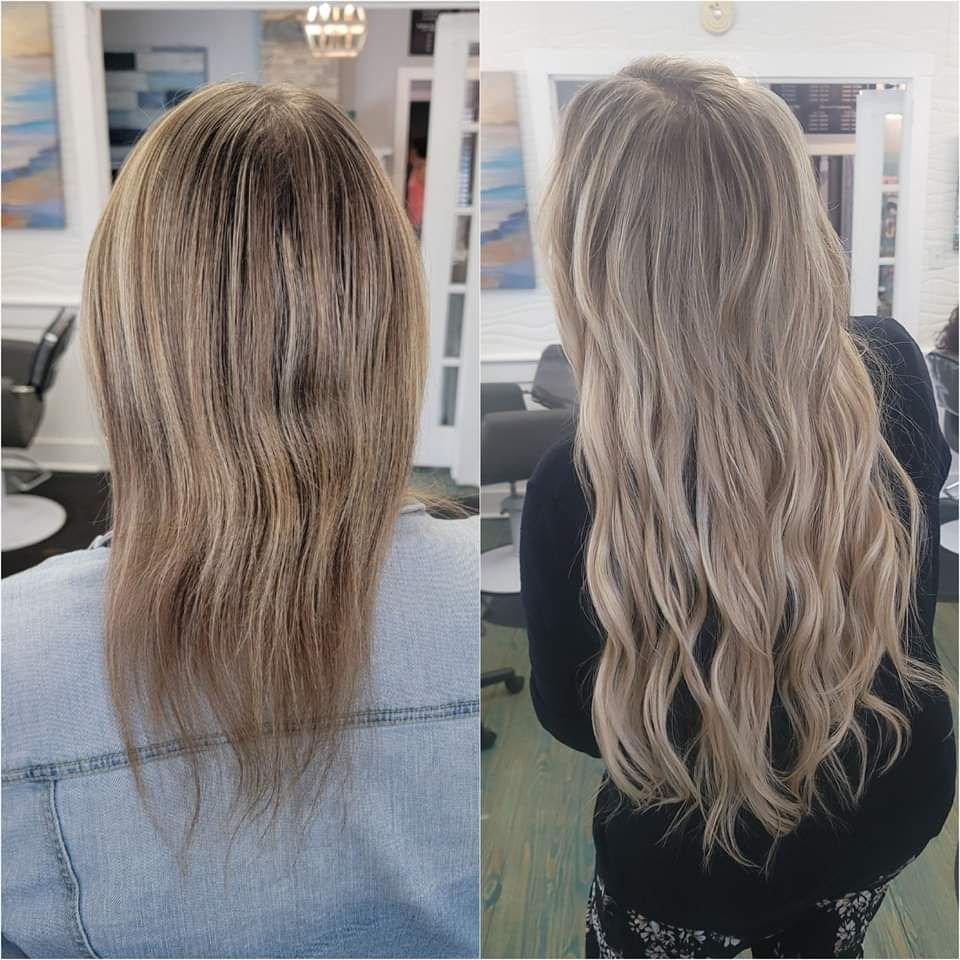 A before and after photo of a woman 's hair extensions.
