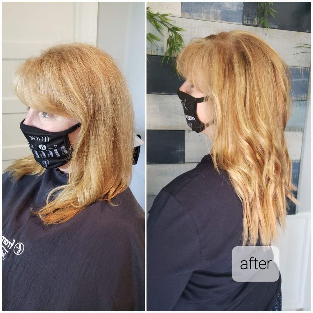 A before and after photo of a woman wearing a mask