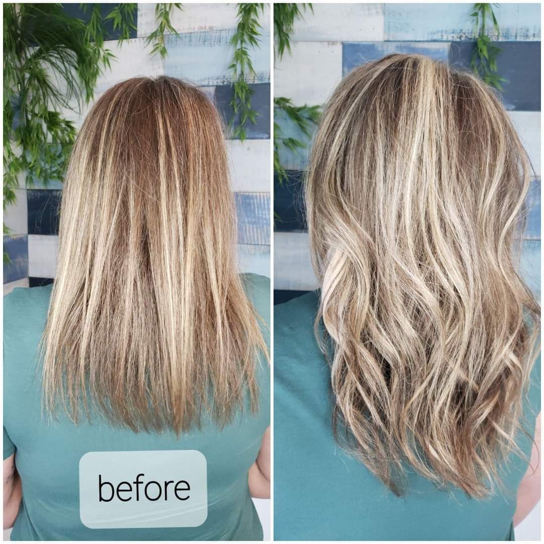 A before and after photo of a woman 's hair.