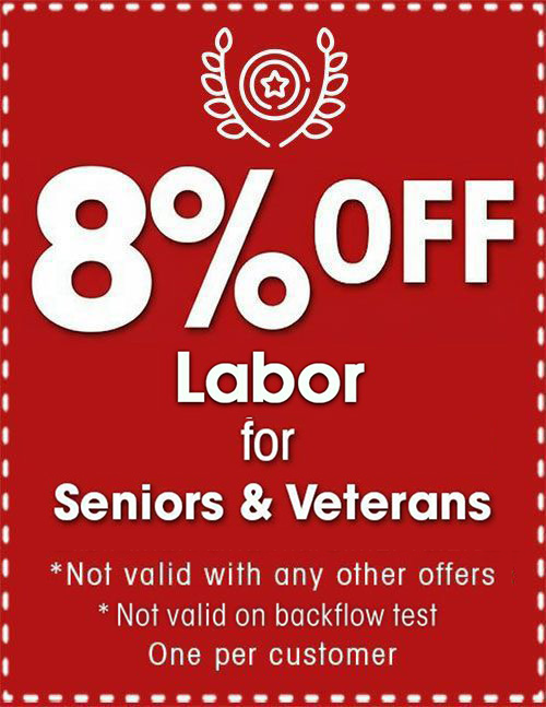 Red discount sign: 8% off labor for seniors and veterans, with small-print restrictions.