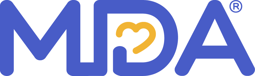 The mda logo has a heart in the middle of it.