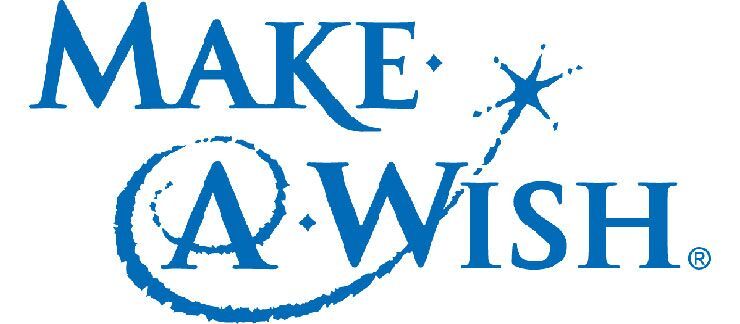 A blue make a wish logo on a white background