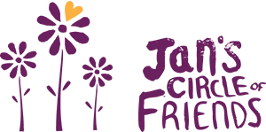 A logo for jan 's circle of friends with purple flowers