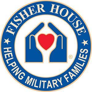 The logo for fisher house helping military families has two hands holding a heart in a circle.