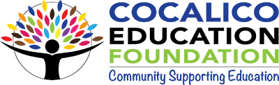 The logo for the cocalico education foundation is a colorful tree with a person in the middle.