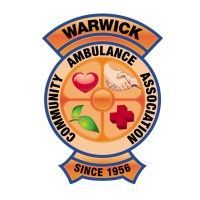 The logo for the warwick ambulance association shows a heart , handshake , cross , and leaf.