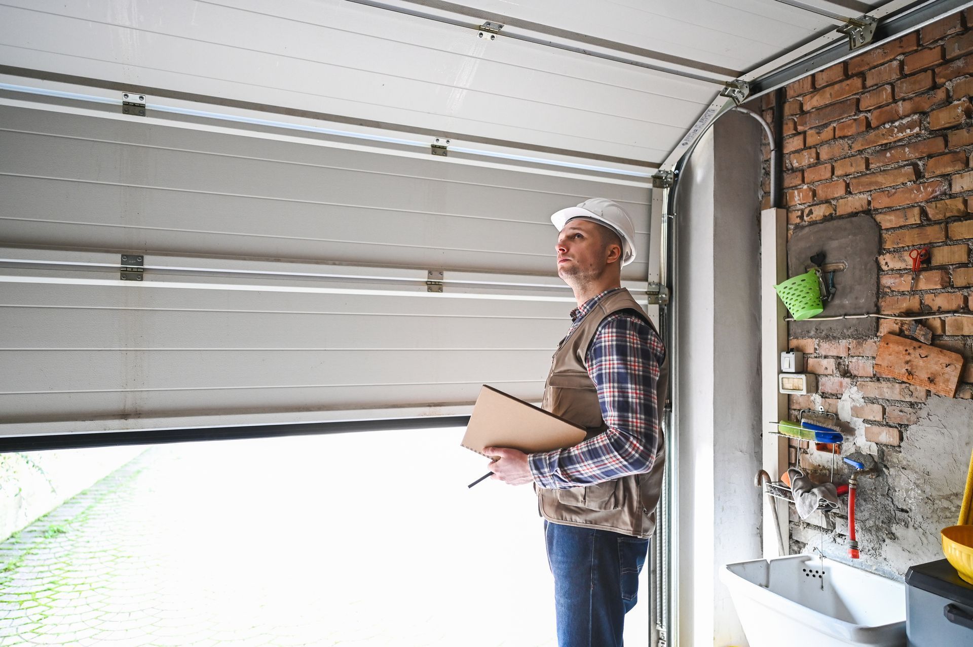 Man in hard hat inspects a partially open garage door, holding a clipboard, looking up.