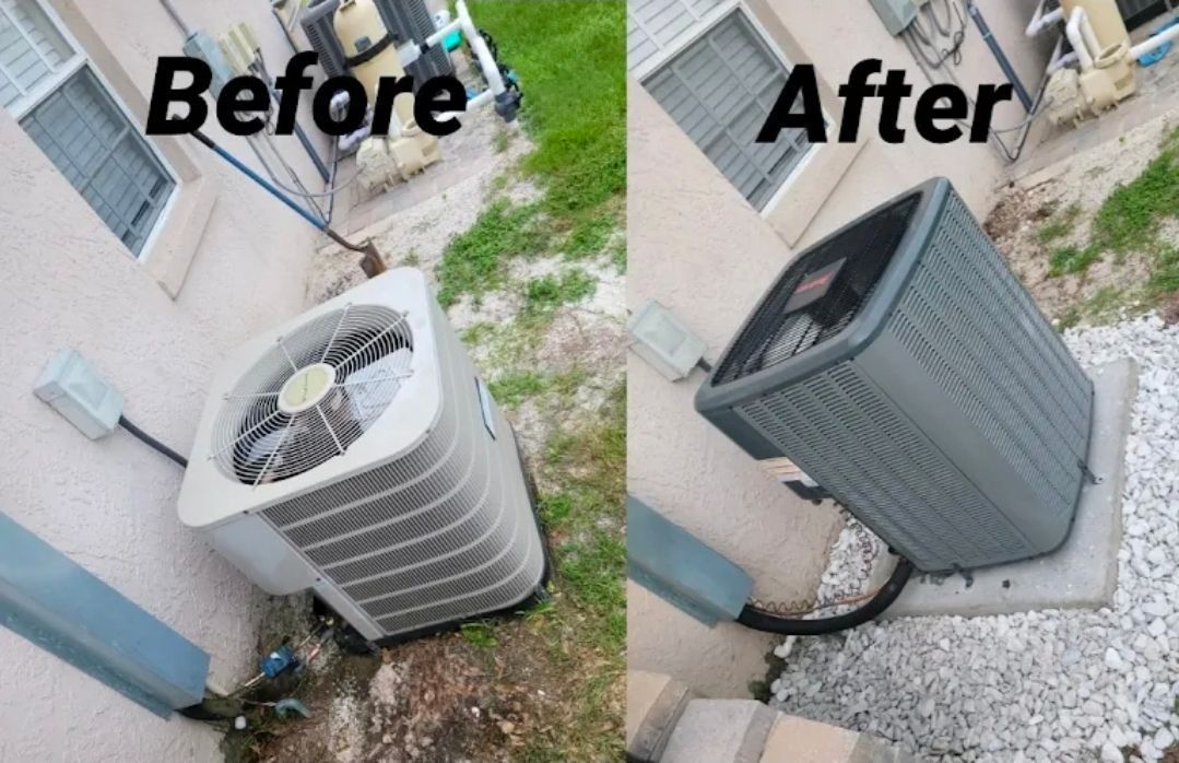 Before and after comparison of an outdoor HVAC unit, showing clean, landscaped ground surrounding the unit after service.