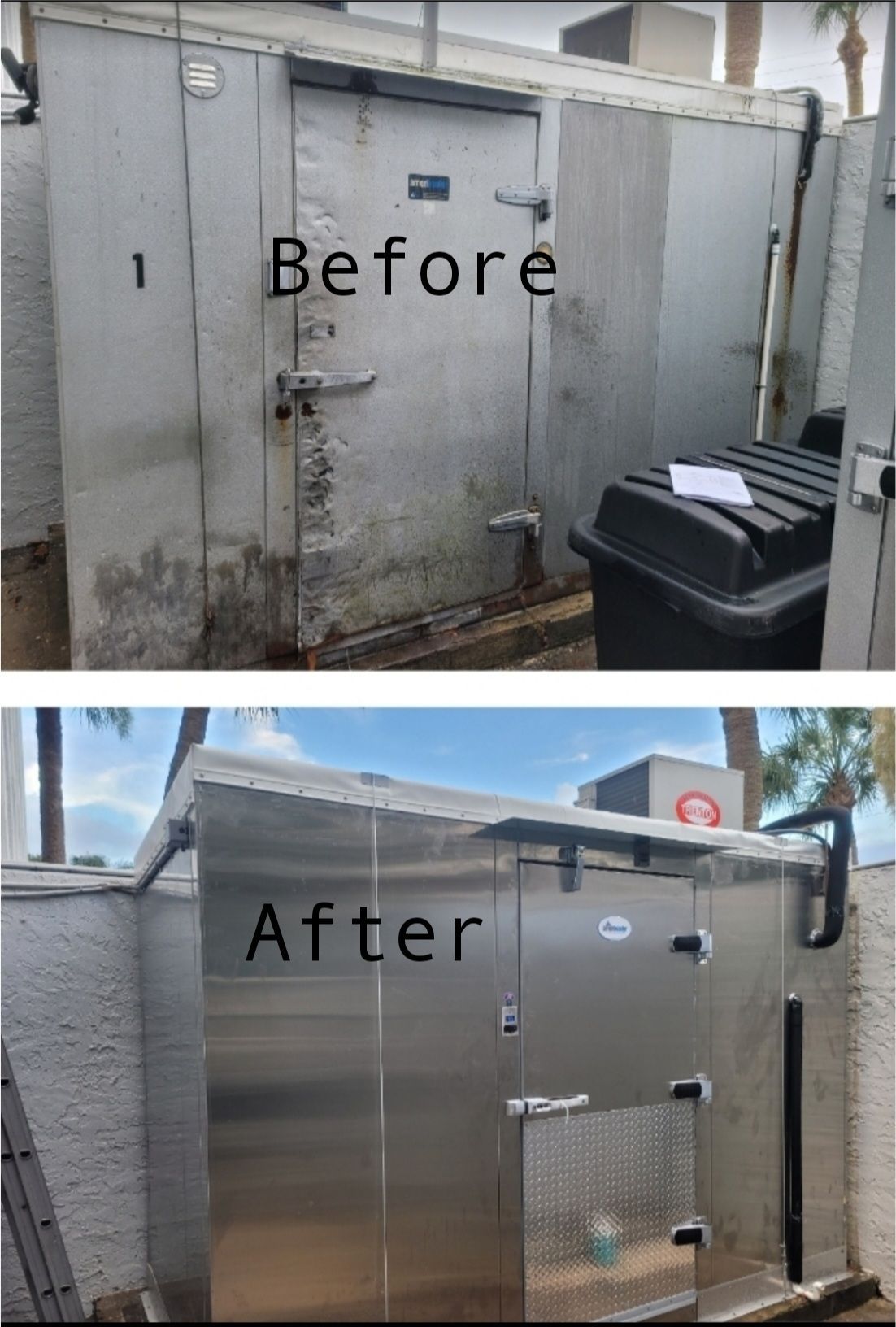 A before and after picture of a stainless steel refrigerator.