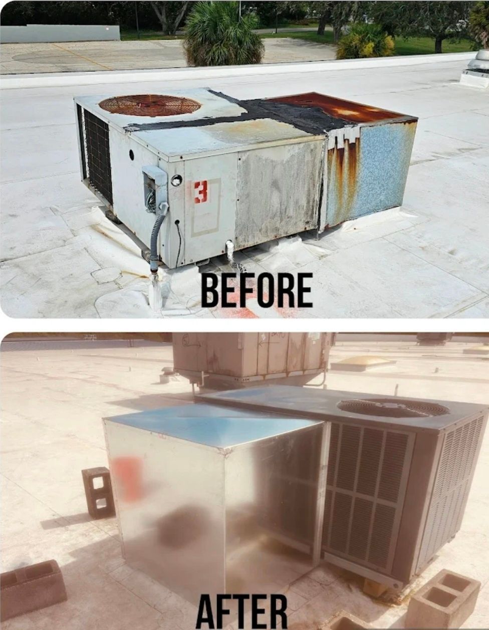 Before and after photos of an HVAC unit on a roof showing significant repair and panel replacement.