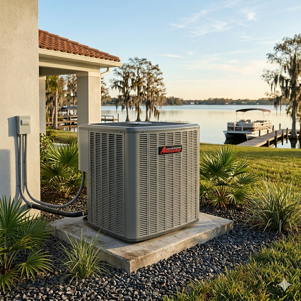 An American Standard air conditioning unit on a concrete pad by a house, with a lake and a boat in the background.