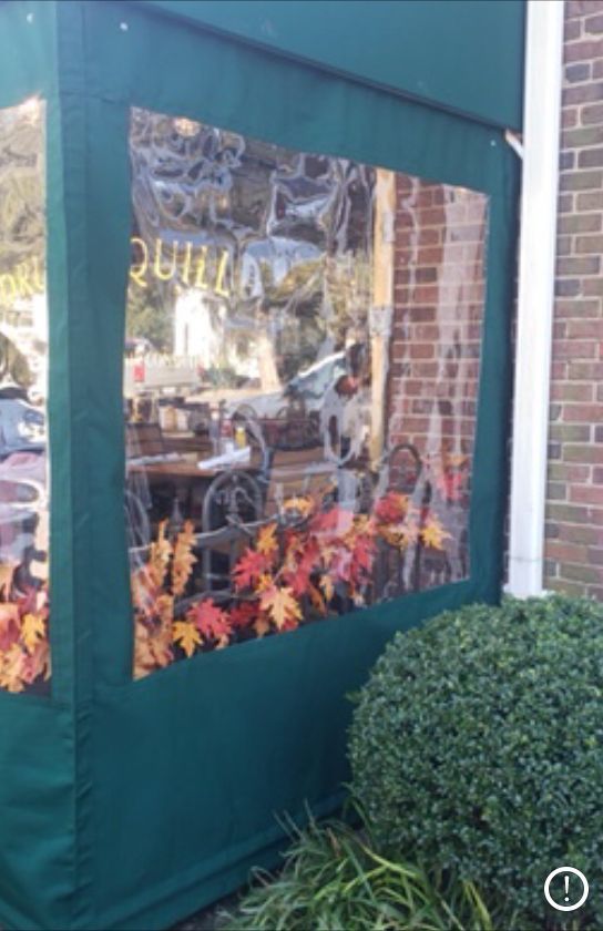 Green storefront awning with window reflecting street and autumn flowers