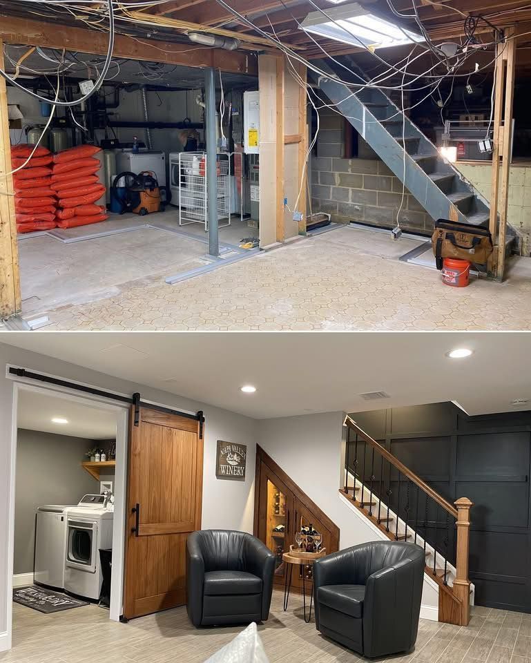 Basement renovation before and after: unfinished space becomes a finished living area with a laundry room.