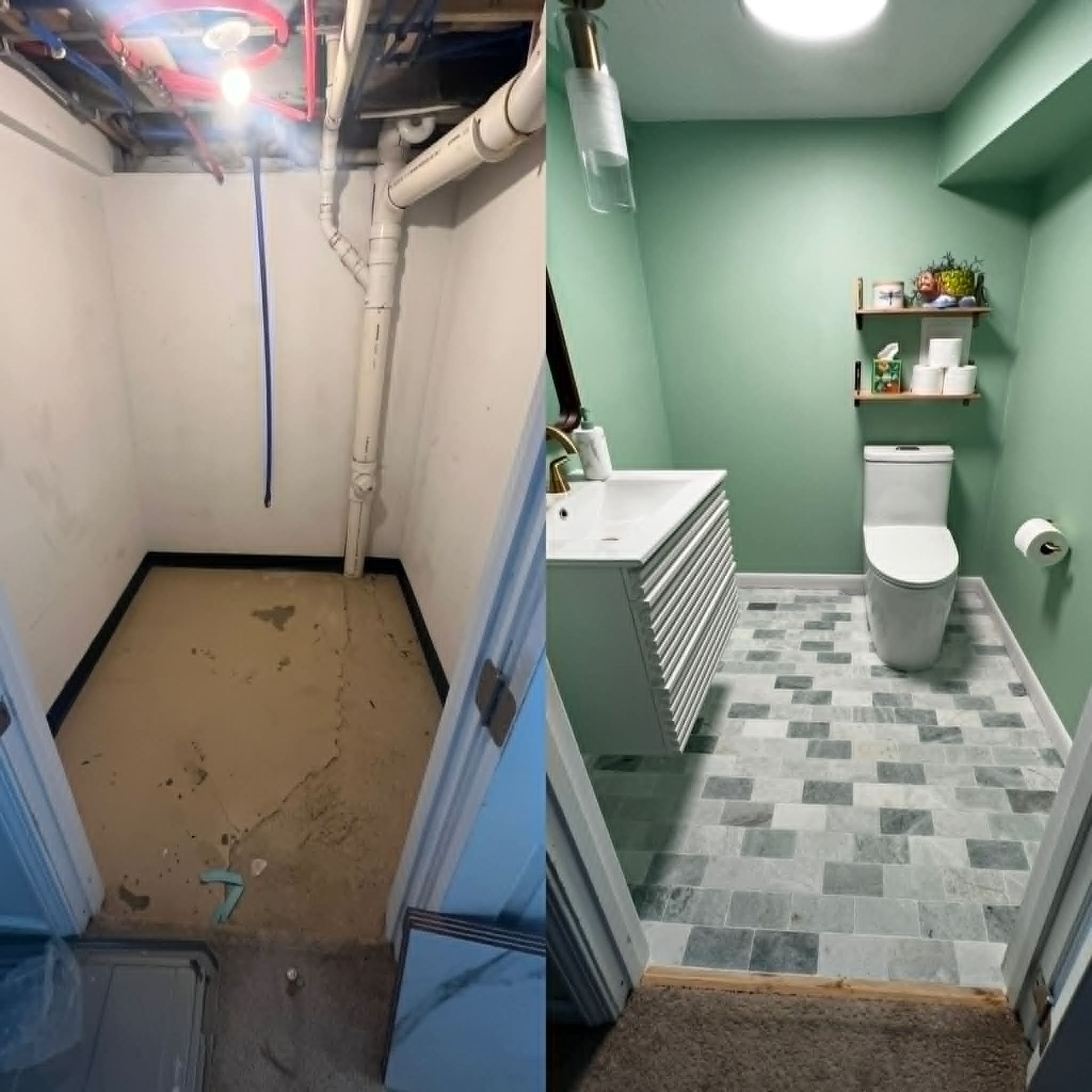 Before and after of a bathroom remodel. The left shows a rough room; the right a finished bathroom with green walls and gray tiled floor.