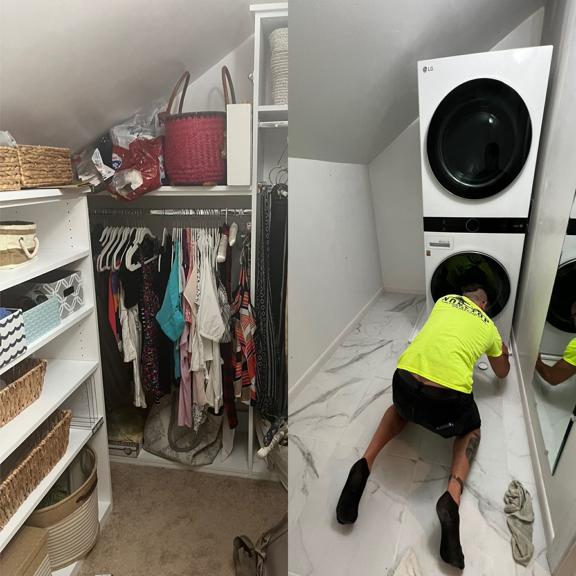 A split-view showing a closet with shelves and hanging clothes beside a person installing a stacked washer-dryer unit.