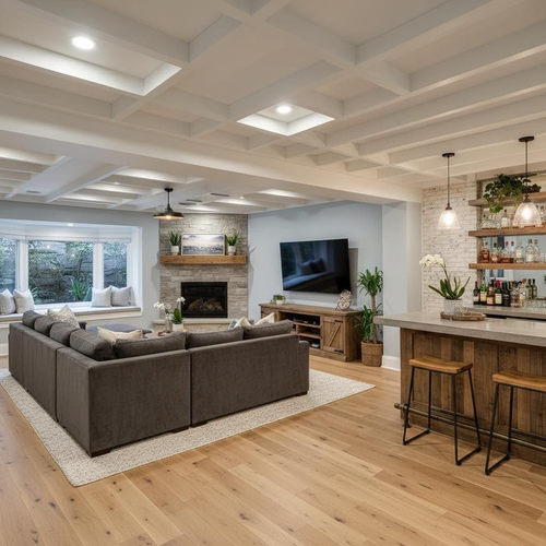 Living room with a gray sectional sofa, fireplace, and a bar with stools.