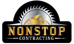 Logo for Nonstop Contracting: Gold text on black background, silver saw blade, golden roof detail.