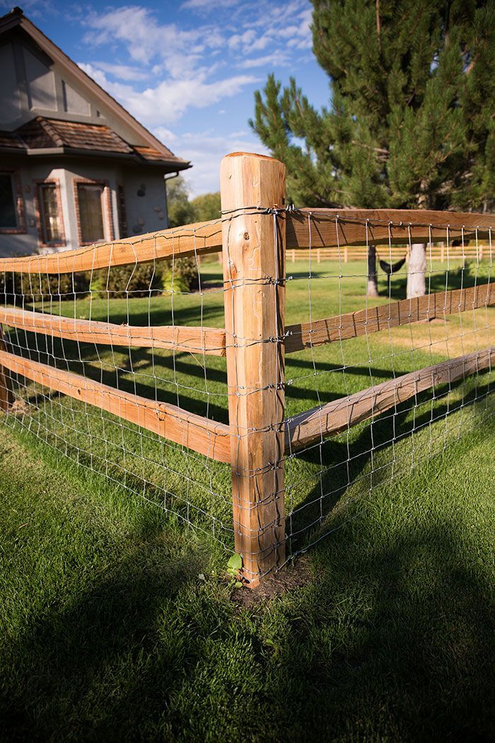 A wooden fence surrounds a lush green field in front of a house.