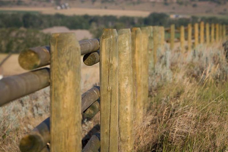 A close up of a wooden fence in the middle of a field.