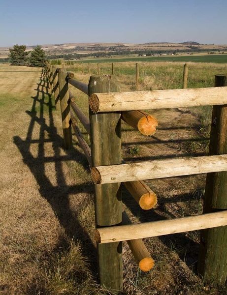 A wooden fence is in the middle of a field.