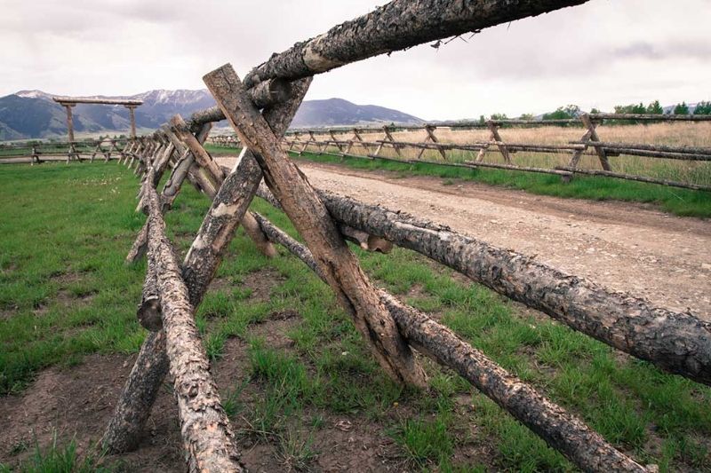 A wooden fence surrounds a dirt road in a field.