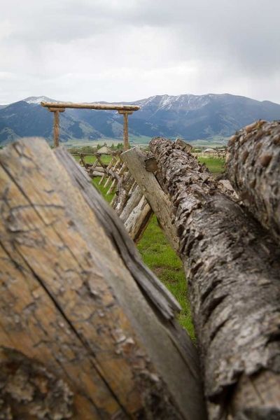 A fence made of logs in a field with mountains in the background.