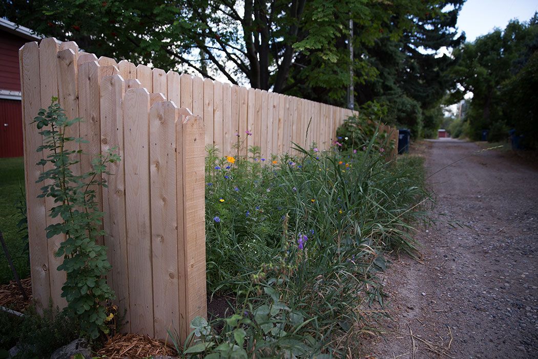 A wooden fence surrounds a gravel road with flowers growing on the side.