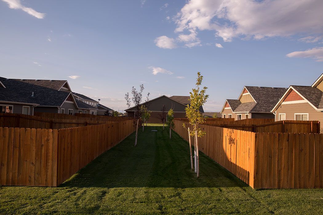 A wooden fence surrounds a lush green yard in a residential neighborhood.