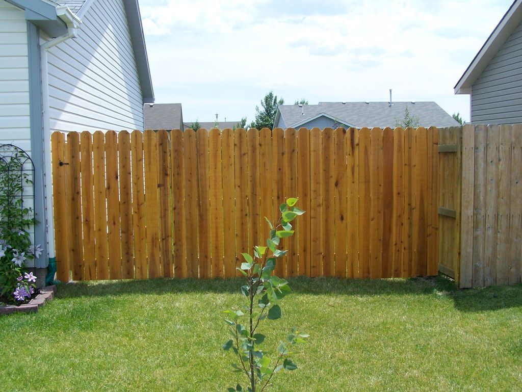 A wooden fence is in the backyard of a house.