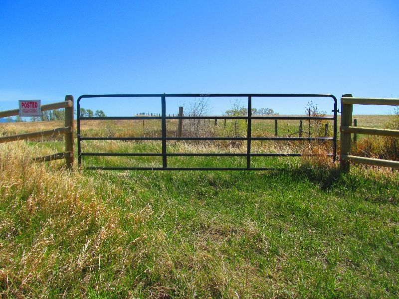 A fence with a gate in the middle of a grassy field.