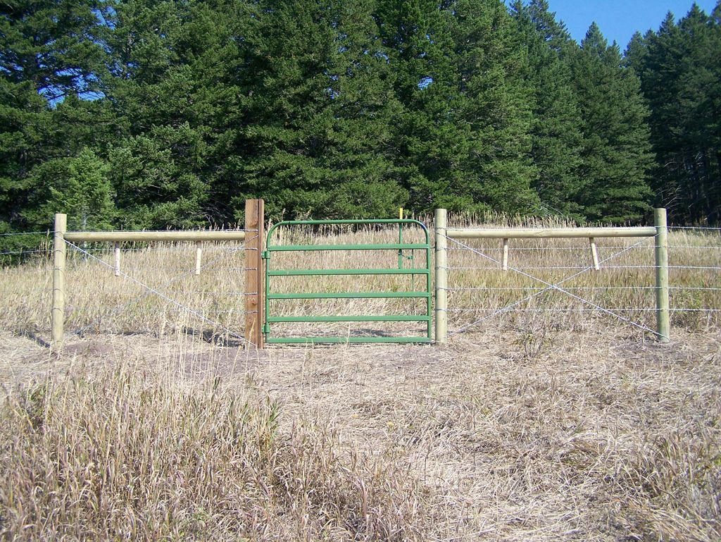 A green gate is sitting in the middle of a field next to a wooden fence.