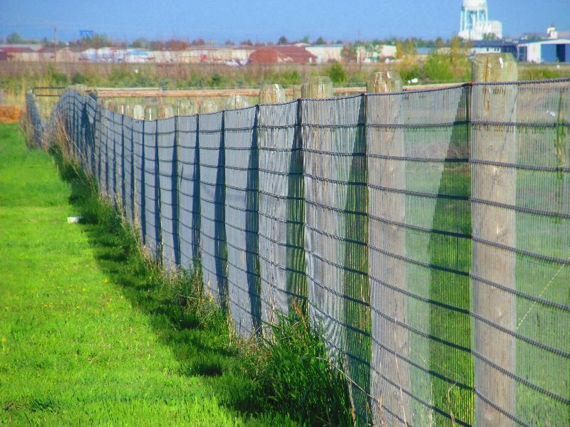 A fence surrounds a grassy field with a water tower in the background.