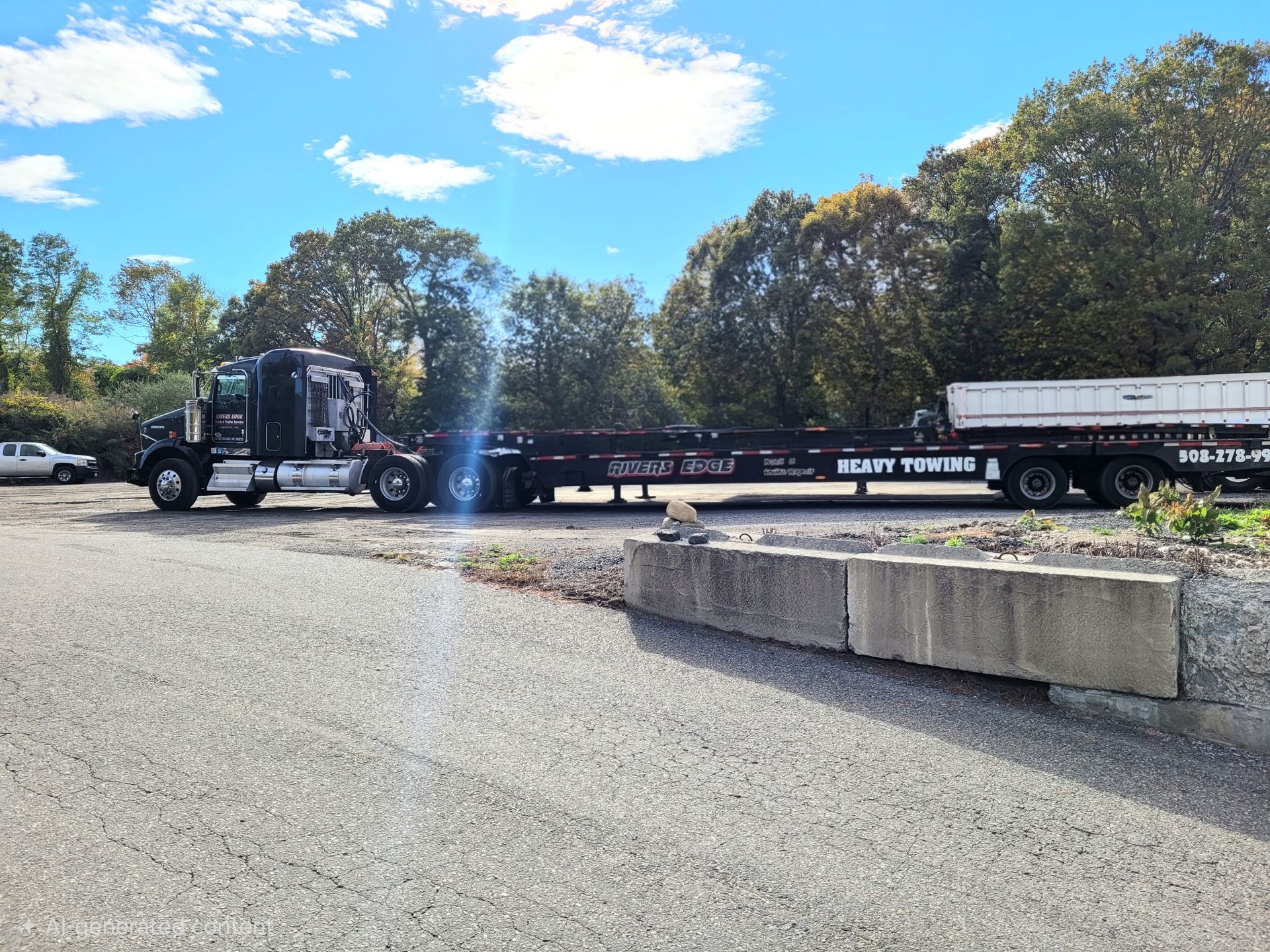 Black semi-truck with long trailer parked in a lot. Trees and a blue sky in the background.