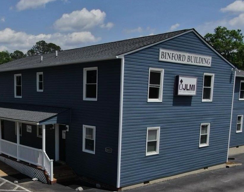 Blue building labeled 