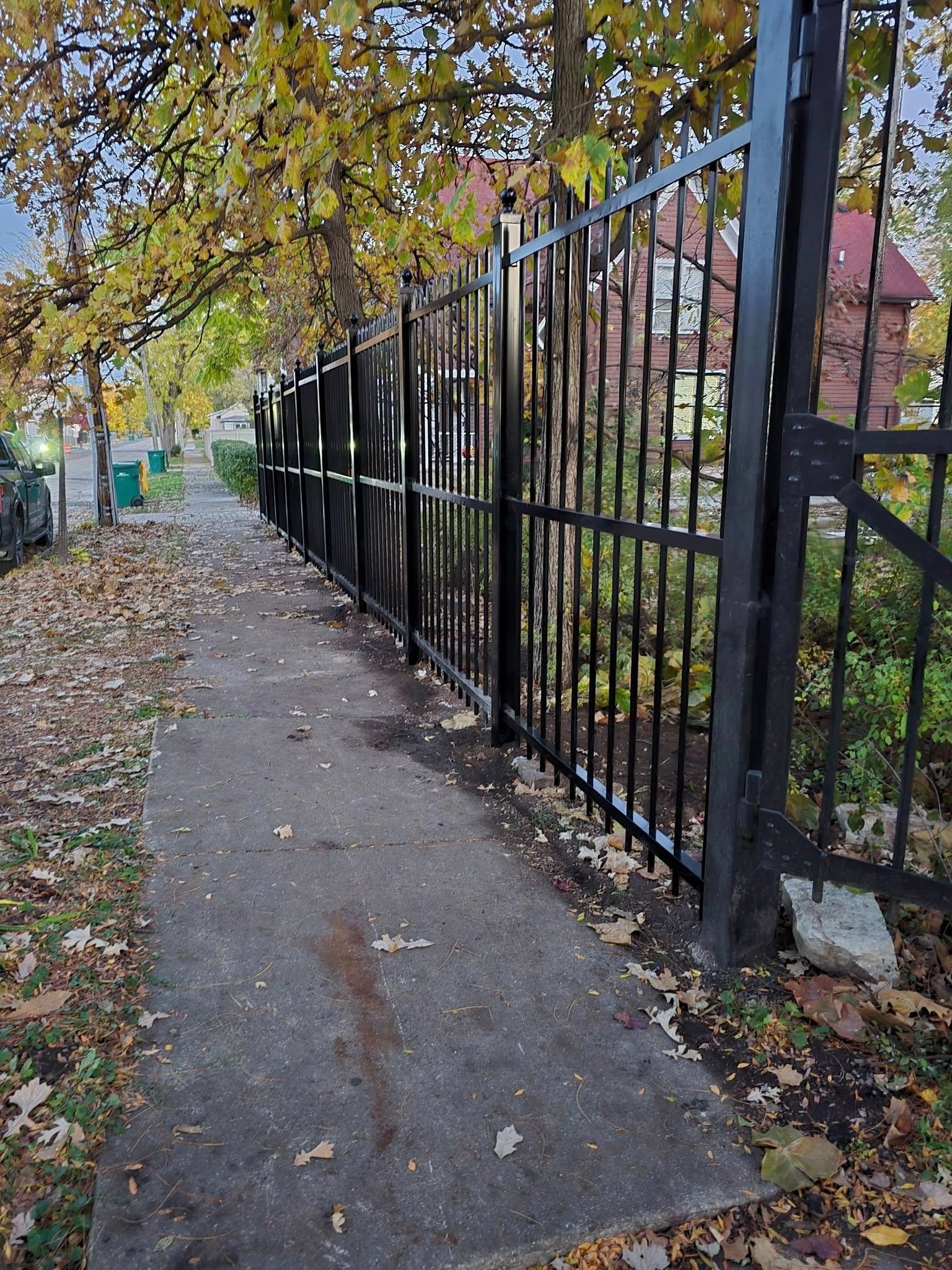 Leaf-strewn sidewalk beside a black metal fence under autumn trees