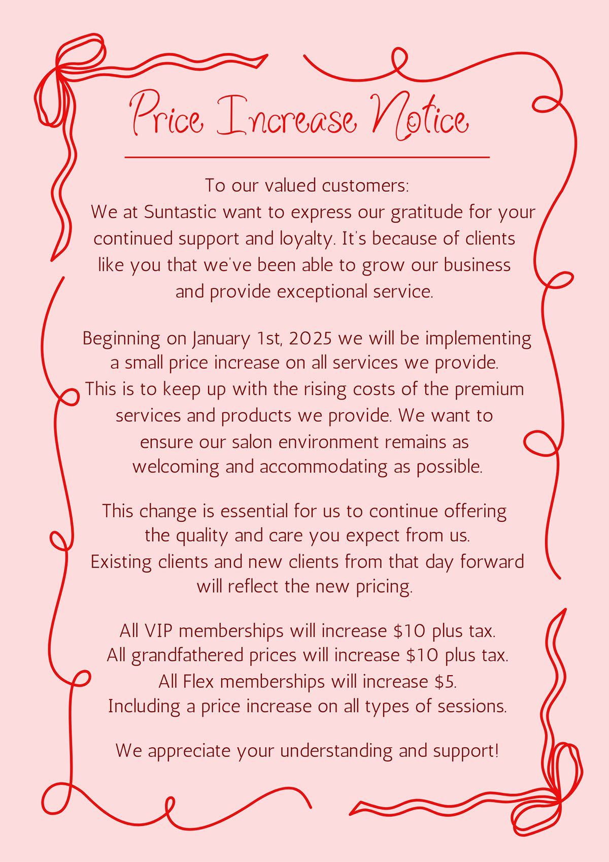 Suntastic Tan's 12 price increase notice