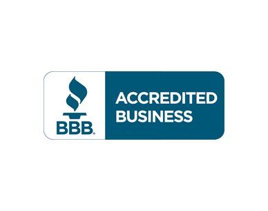 The bbb logo is blue and white and says accredited business.