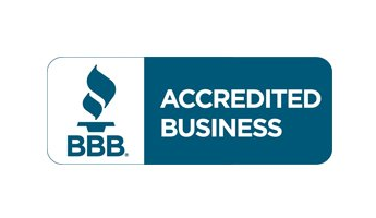 The bbb logo is blue and white and says accredited business.