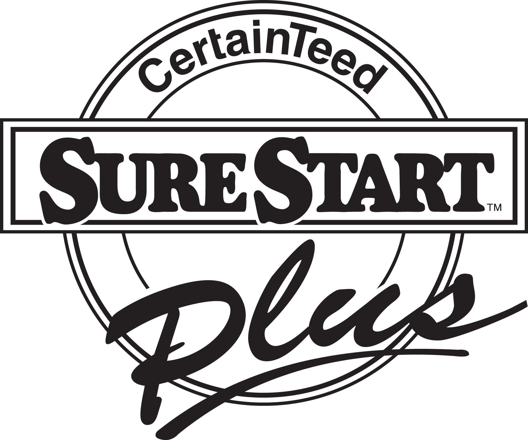 A black and white logo for sure start plus.