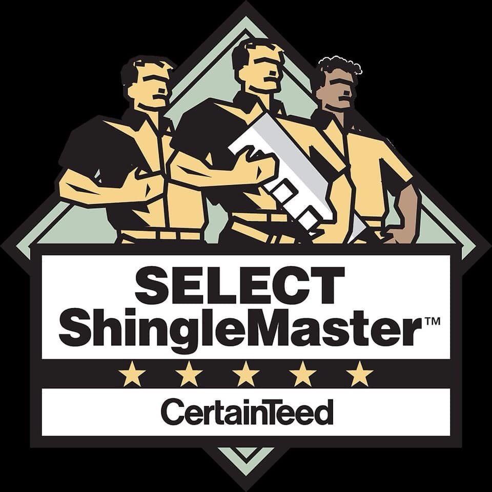 A logo for select shingle master shows three men holding a saw