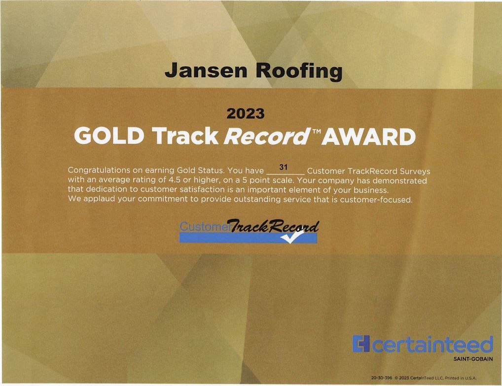 A jansen roofing gold track record award from 2023