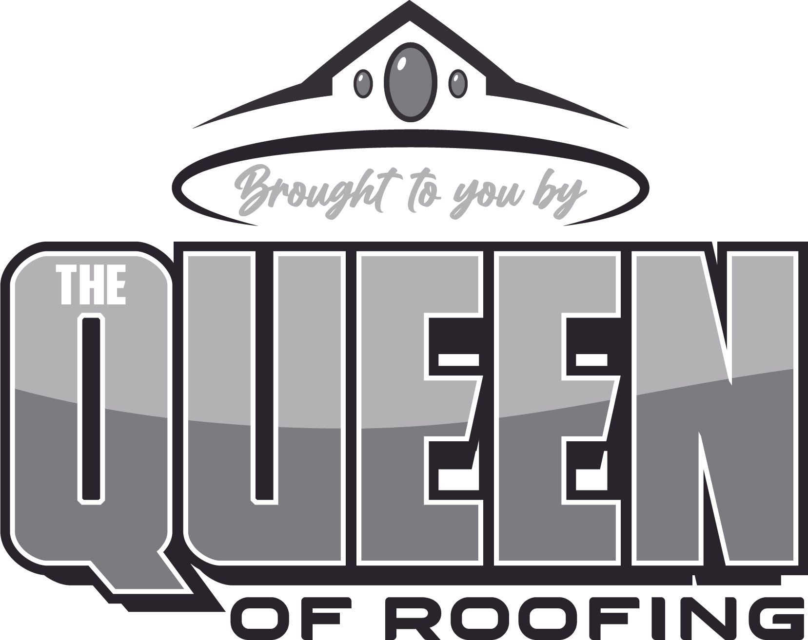 Queen of Roofing logo with crown in grayscale