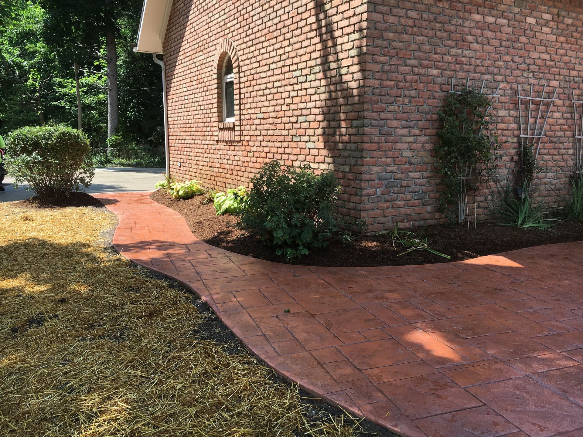 Brick house corner with red walkway, shrubs, and sunlit yard beside a wooded path