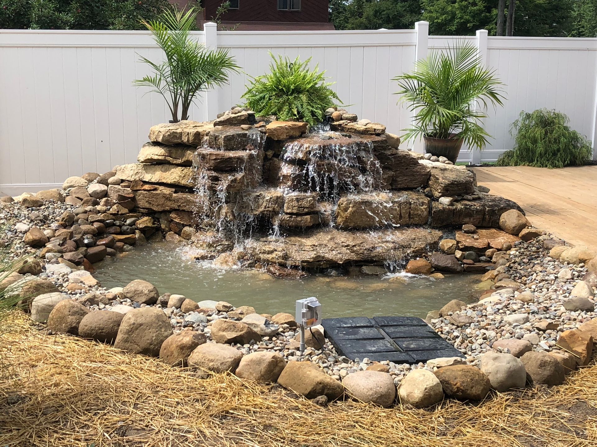 Backyard rock waterfall pond with small plants and a white fence backdrop