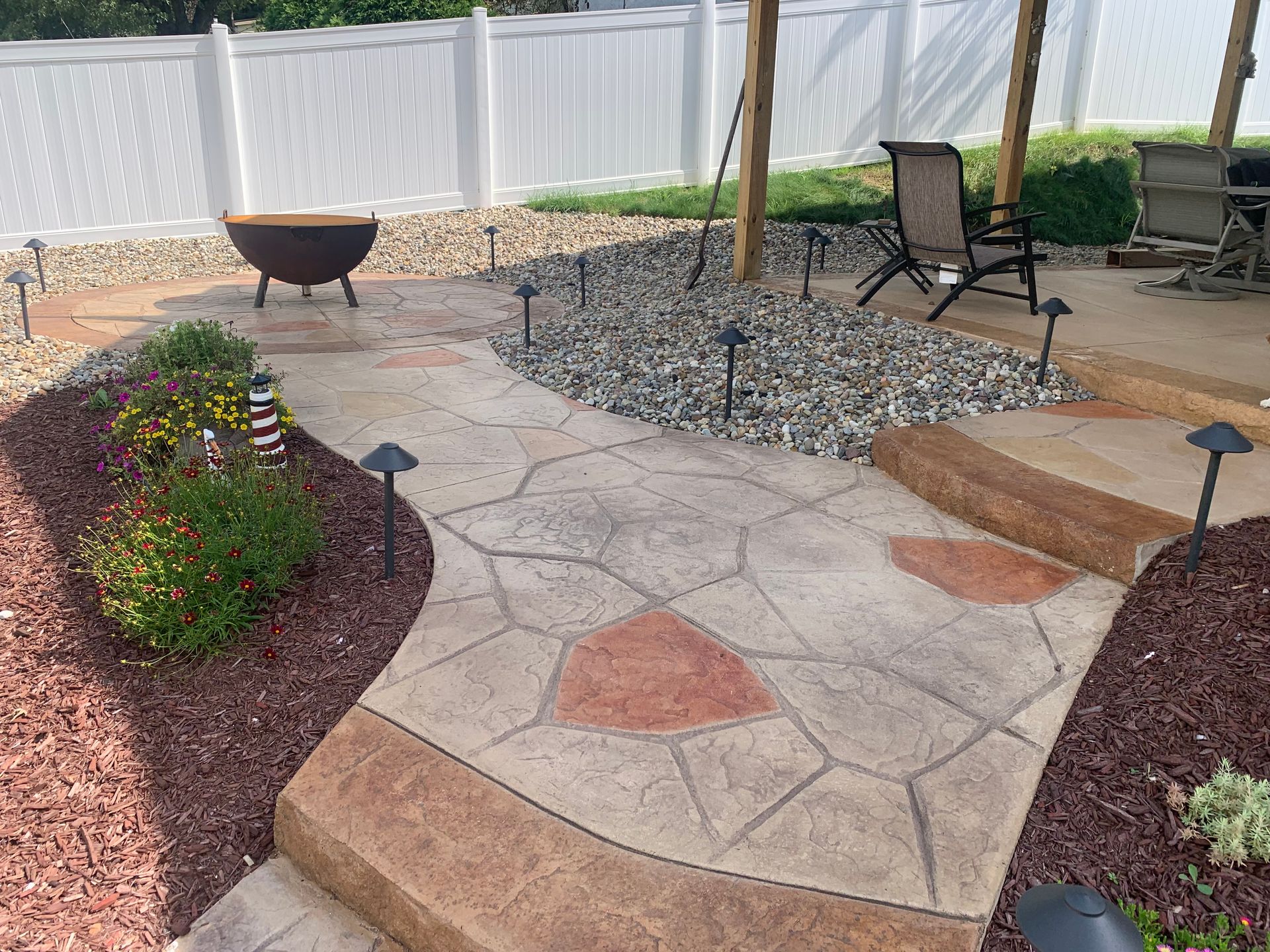 Backyard patio with stamped concrete path, gravel seating area, fire pit, and flower beds