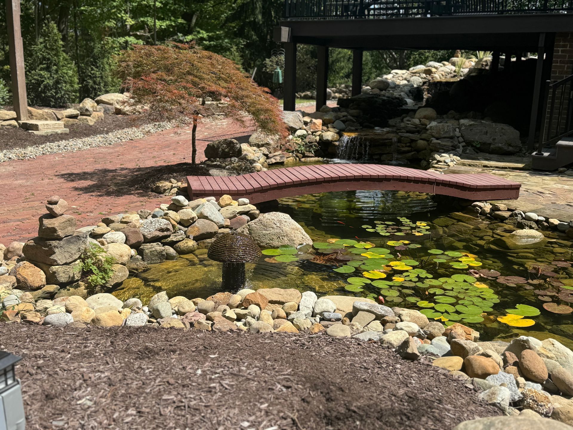 Small backyard pond with lily pads and a curved red bridge, surrounded by rocks and mulch.