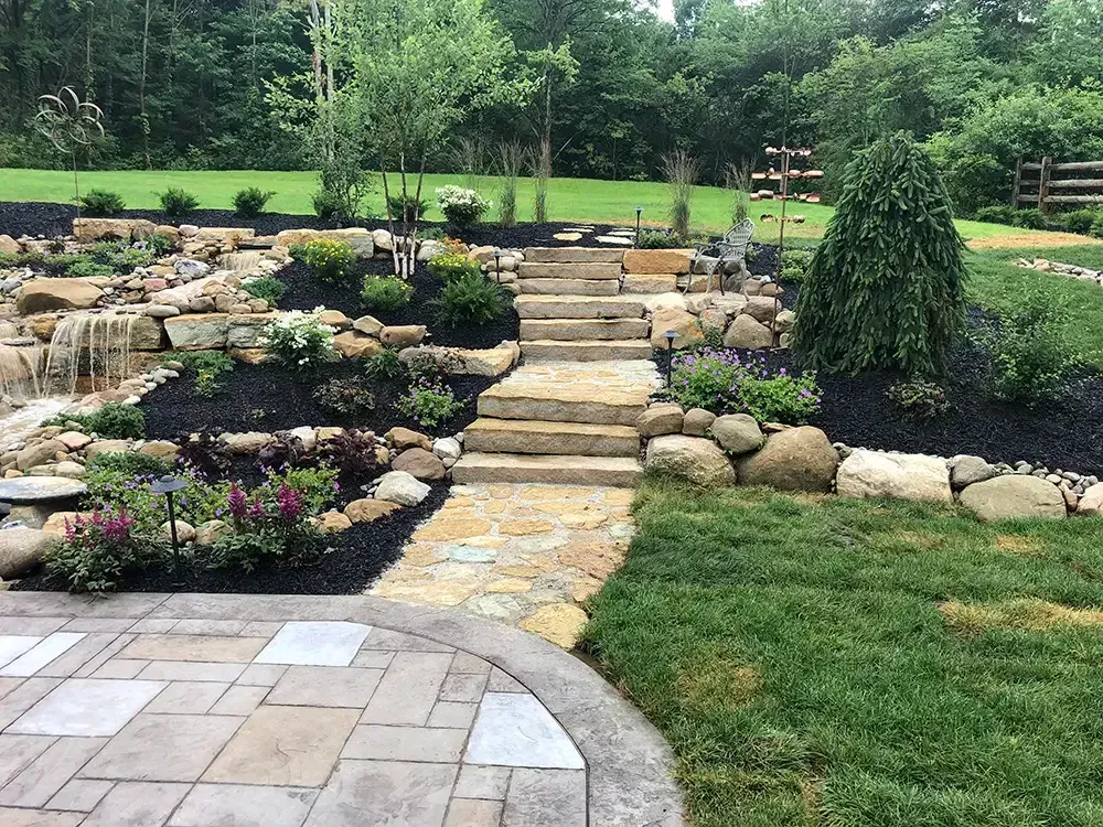 Stone steps in a landscaped garden with rock walls, flowers, and green lawn.